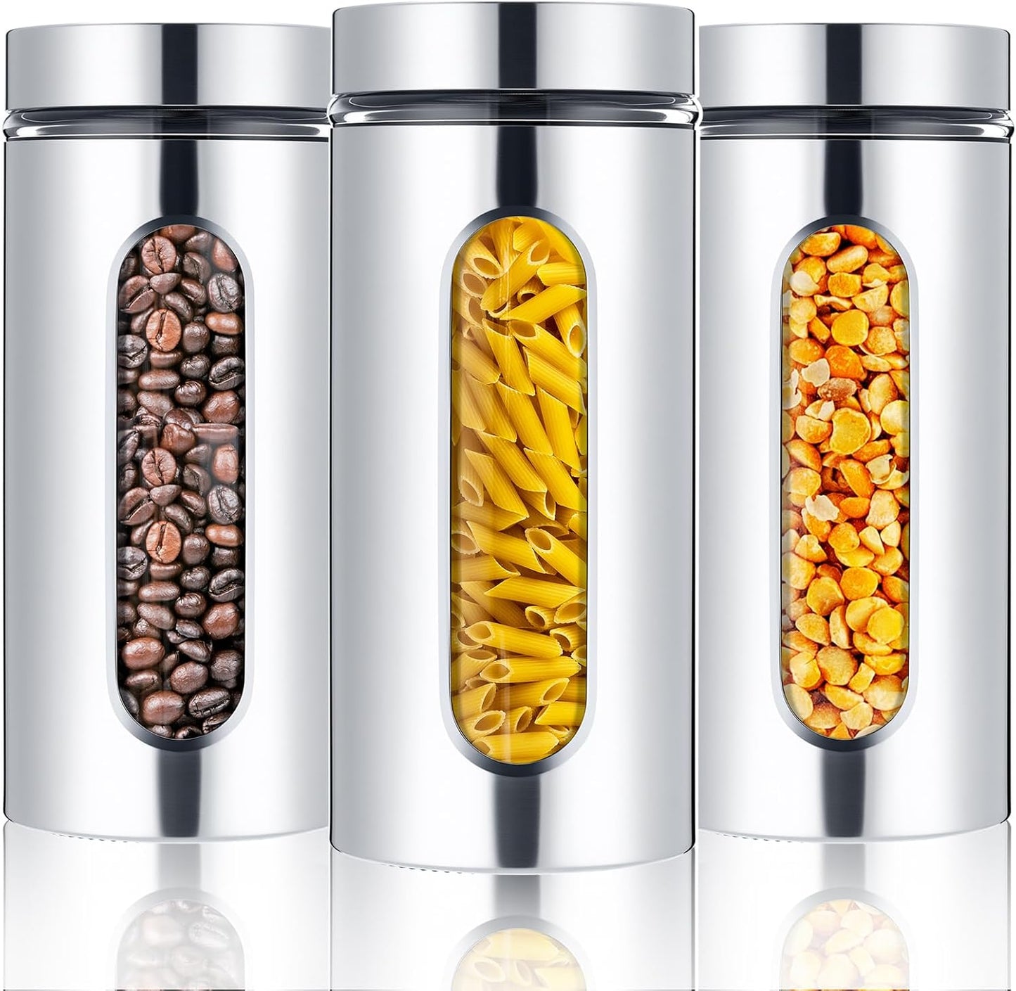 3 Pcs Stainless Steel Canister Set with Glass Windows Visible Storage Jars Silver Kitchen Canister Set for Pasta Flour Oat Sugar Container, Kitchen Tools, Housewarming Gifts(44 oz)