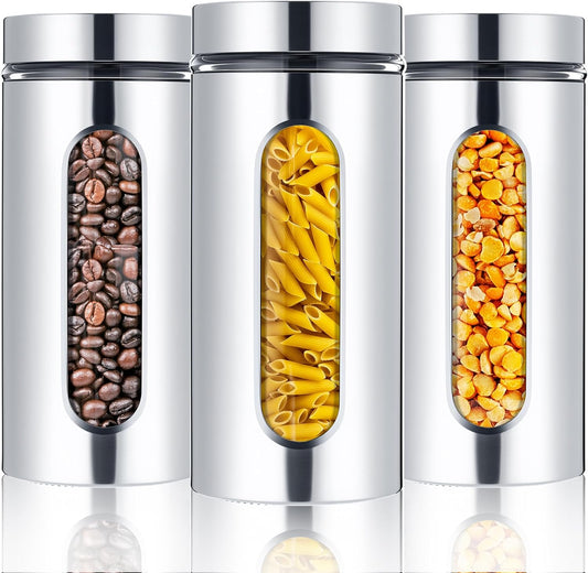 3 Pcs Stainless Steel Canister Set with Glass Windows Visible Storage Jars Silver Kitchen Canister Set for Pasta Flour Oat Sugar Container, Kitchen Tools, Housewarming Gifts(44 oz)