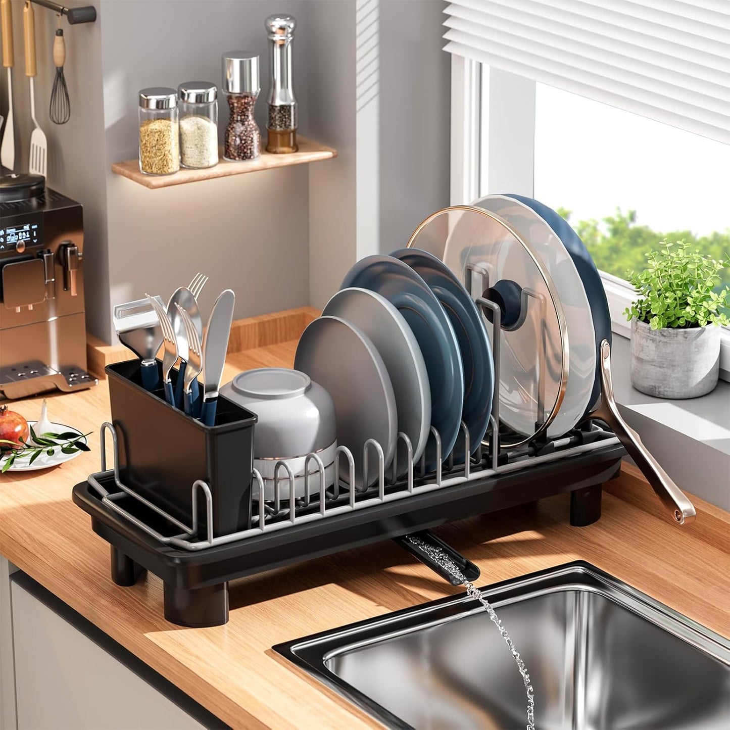 Small Dish Drying Rack with Removable Utensil Holder & Anti-Scratch Base