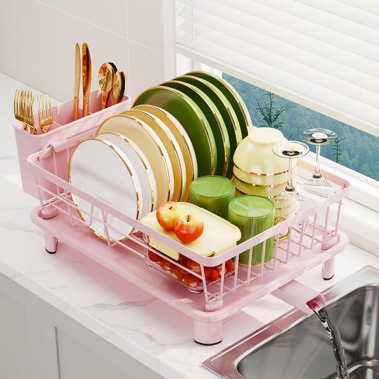 Dish Drainer Rack with Drip Tray, Sink Dish Drainer with Drainage Spout