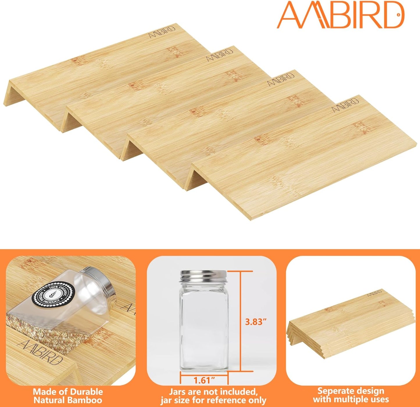 Bamboo Spice Drawer Organizer with Non-slip Mat,4 Tier