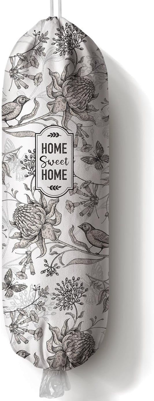 Plastic Bag Holder Hand Drawn Style Grocery Bag Holder Organizer Flowers Birds Pattern Shopping Trash Bag Storage Dispenser Cute Retro French Kitchen Decor