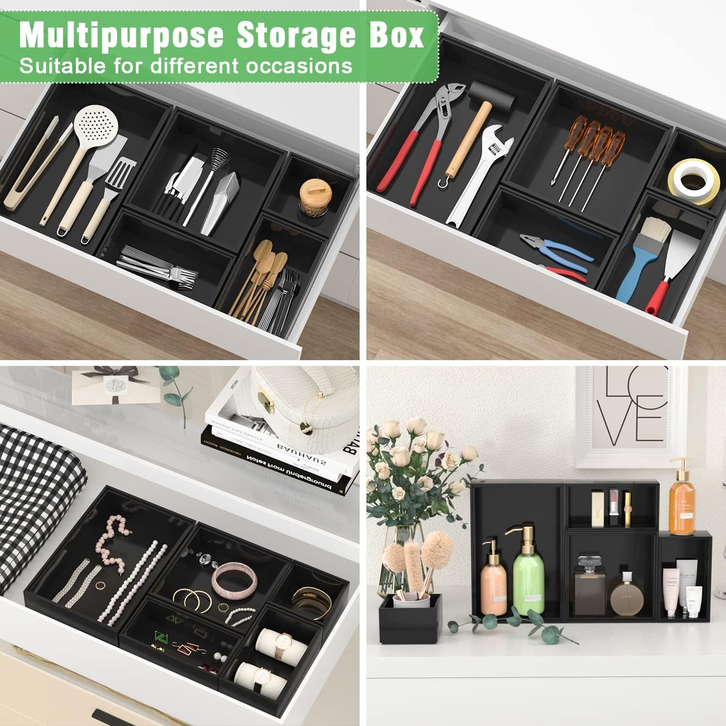 Black Bamboo Bathroom Drawer Organizer, Wooden Kitchen Utensil Holder Set of 5