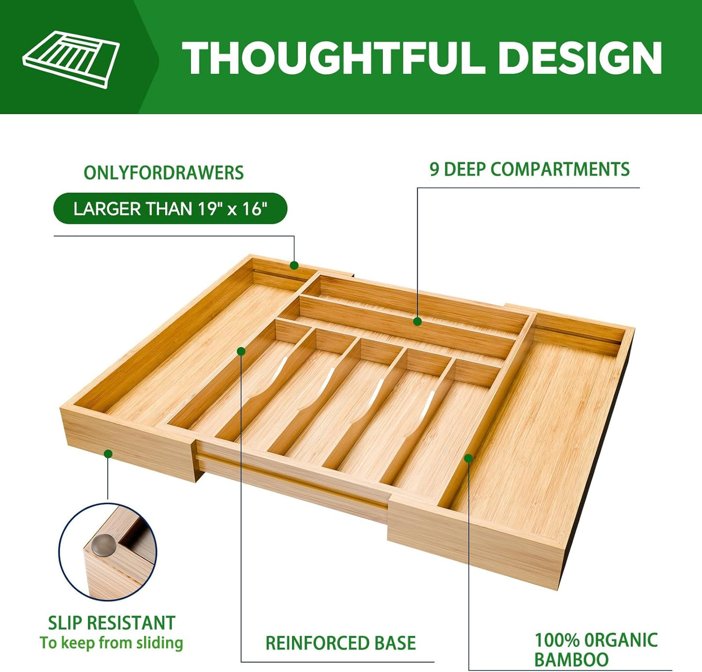 Bamboo Kitchen Drawer Organizer, Expandable Silverware Organizer