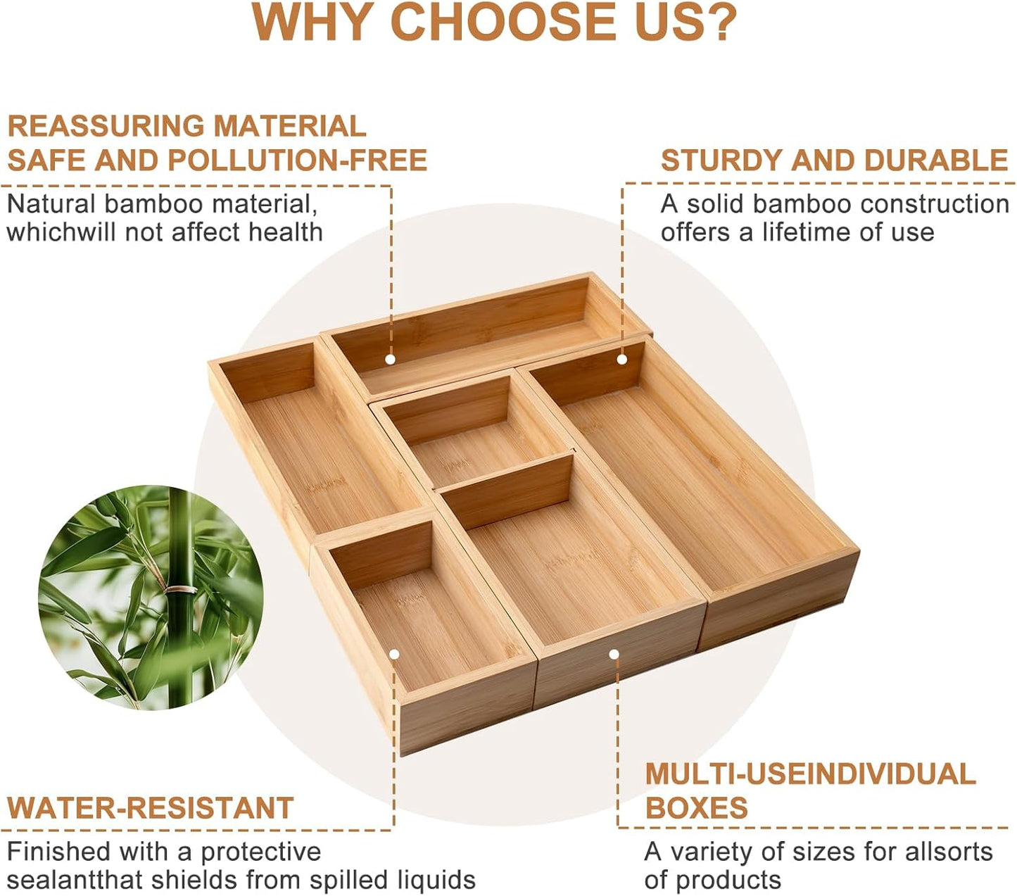 Bamboo Drawer Organizer 5 Pcs for Kitchen Multi-purpose Storage Dividers for Kitchen, Office