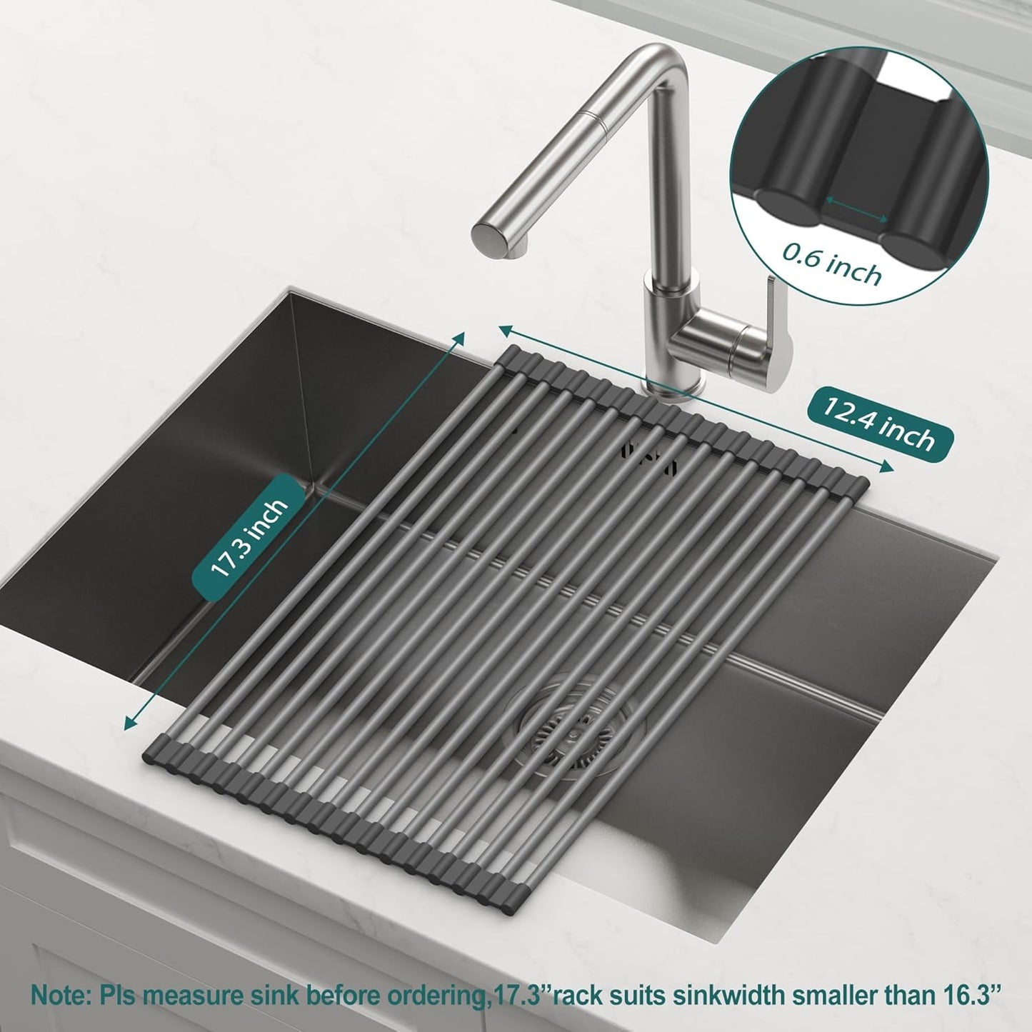 Roll Up Dish Drying Rack, Silicone Wrapped Over The Sink Multipurpose Foldable Dish Drainer Anti-Slip Coated Stainless Steel Dish Racks for Kitchen Counter, Sink Drying Rack (Black, 17.3" x 12.4")