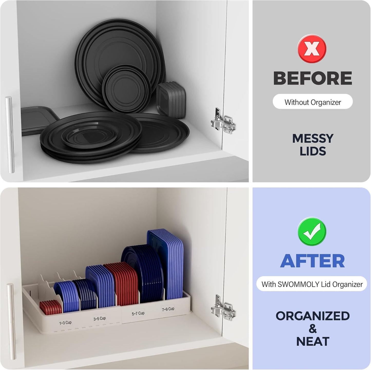 Expandable Food Storage Container Lid Organizer, Includes 6 Adjustable Dividers