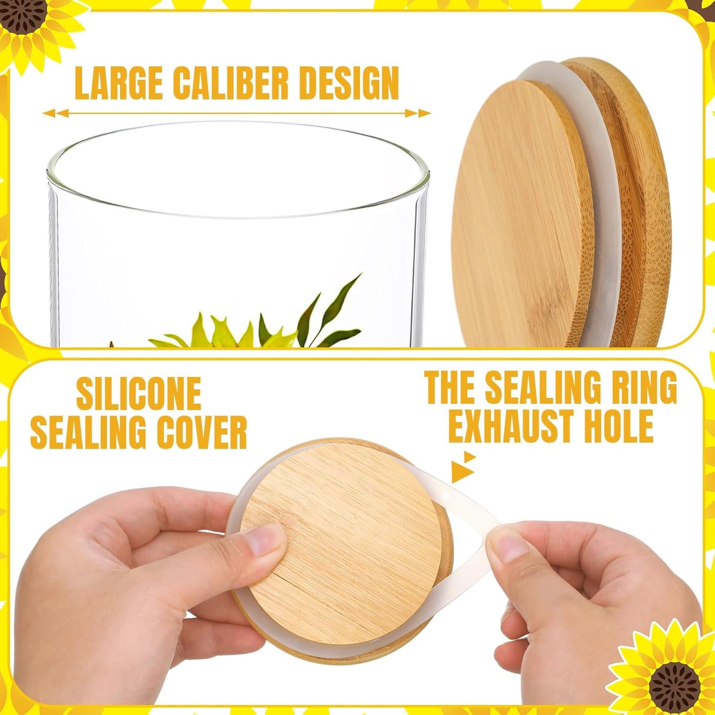3 Pcs Sunflower Glass Canister Set Clear Lemon Kitchen Storage Jars with Airtight Bamboo Lid for Coffee Bean Cookie Candy Tea Flour Farmhouse Home Countertop 24oz