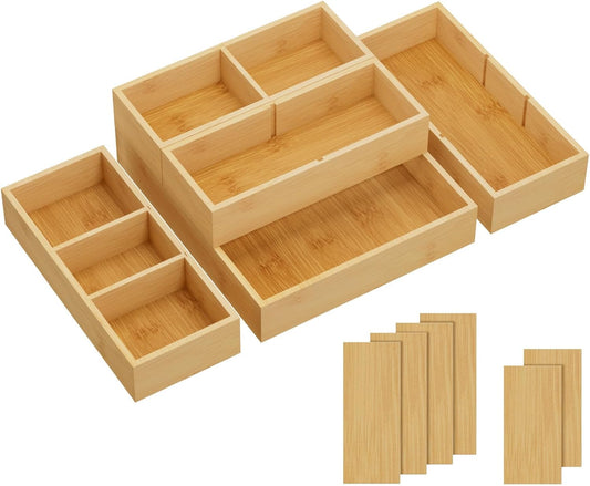 Drawer Organizers 5 Pack(11 Grid) with 6 Inserts, Adjustable Bamboo Wooden Drawer Dividers