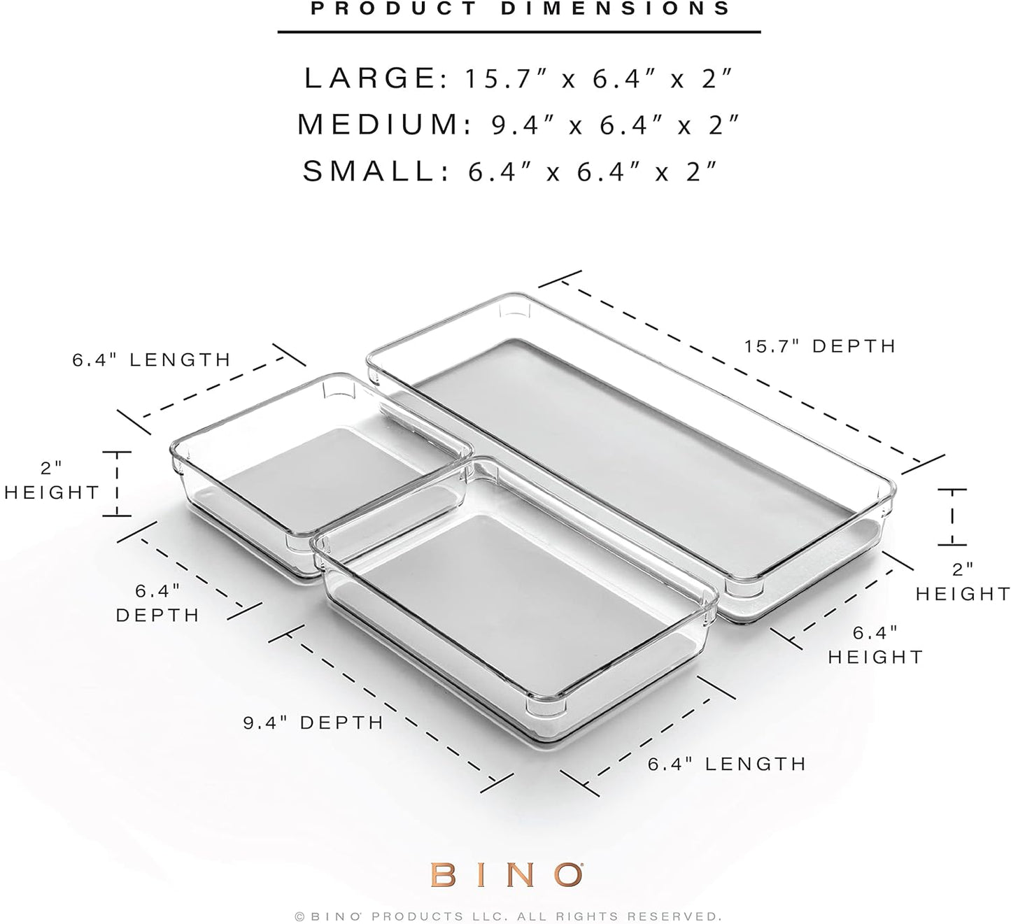 3-Piece Drawer Organizer Bin Set - Grey, Large | THE MODULAR+ | Multi-Purpose Storage | Soft-Grip Lining and Non-Slip Rubber Feet | Durable | BPA-Free | Desk Drawer Organizer | Vanity Organizer