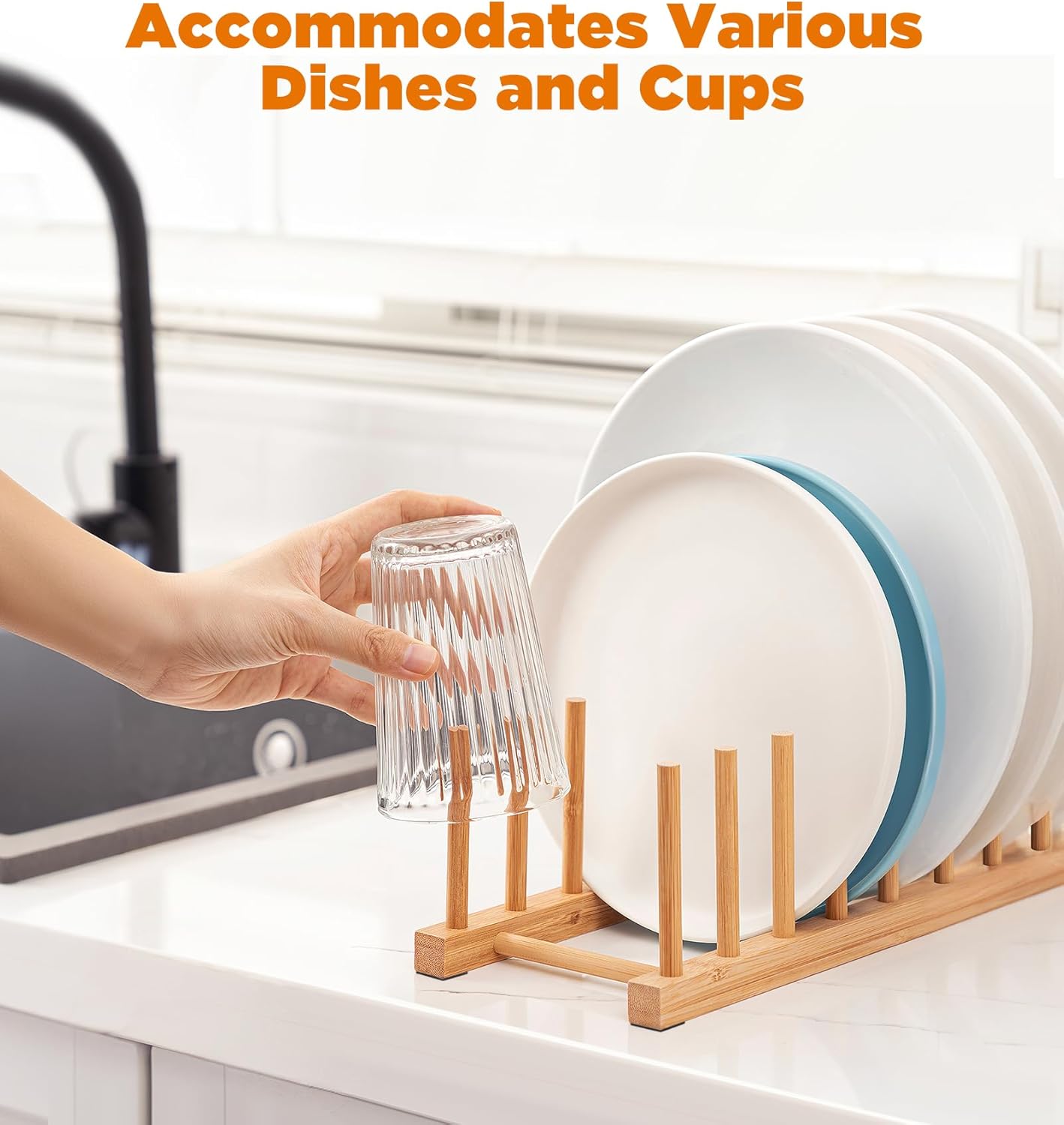 Bamboo Dish Drying Rack, 2 Pack Wooden Storage Holder Organizer for Plate/Bowl/Cup/Book/Pot/Lid/Cutting Board Drying Rack Stand Holder