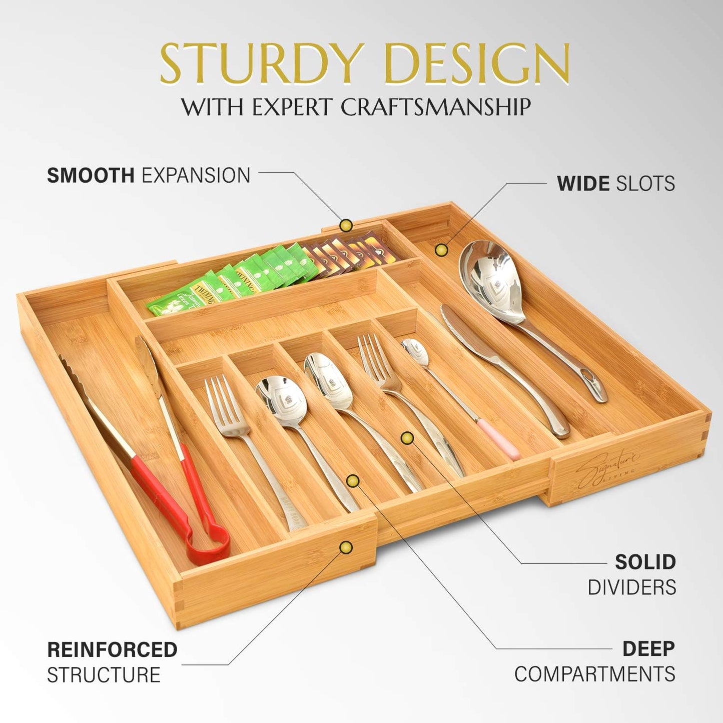 Bamboo Expandable Utensil Drawer Organizer, Premium Bamboo for Cutlery, Flatware