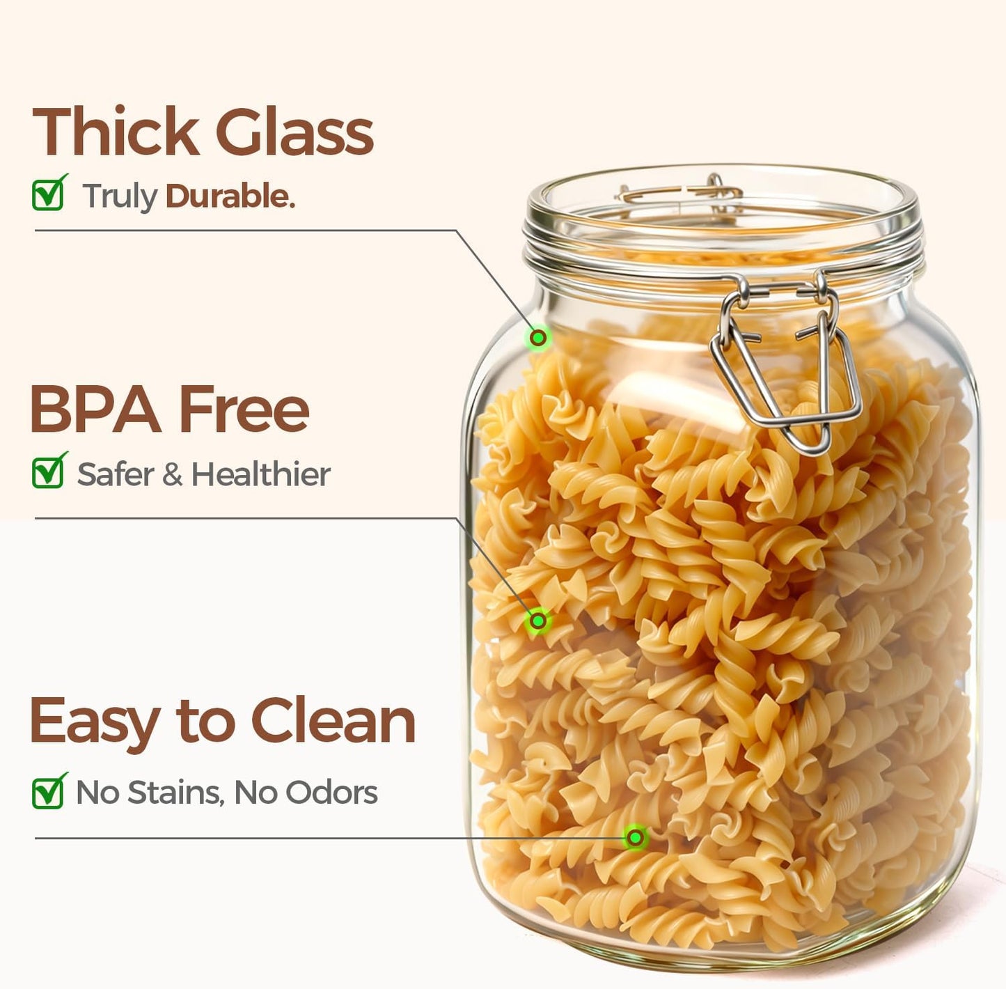Set of 3 Square Glass Jars with Airtight Lids (51 Oz), Wire Clamp Canisters for Pickling