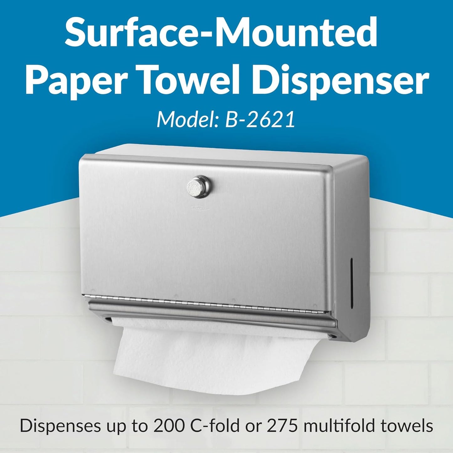 Wall-Mounted Paper Towel Dispenser – Stainless Steel, Holds 200 C-Fold or 275 Multifold Towels