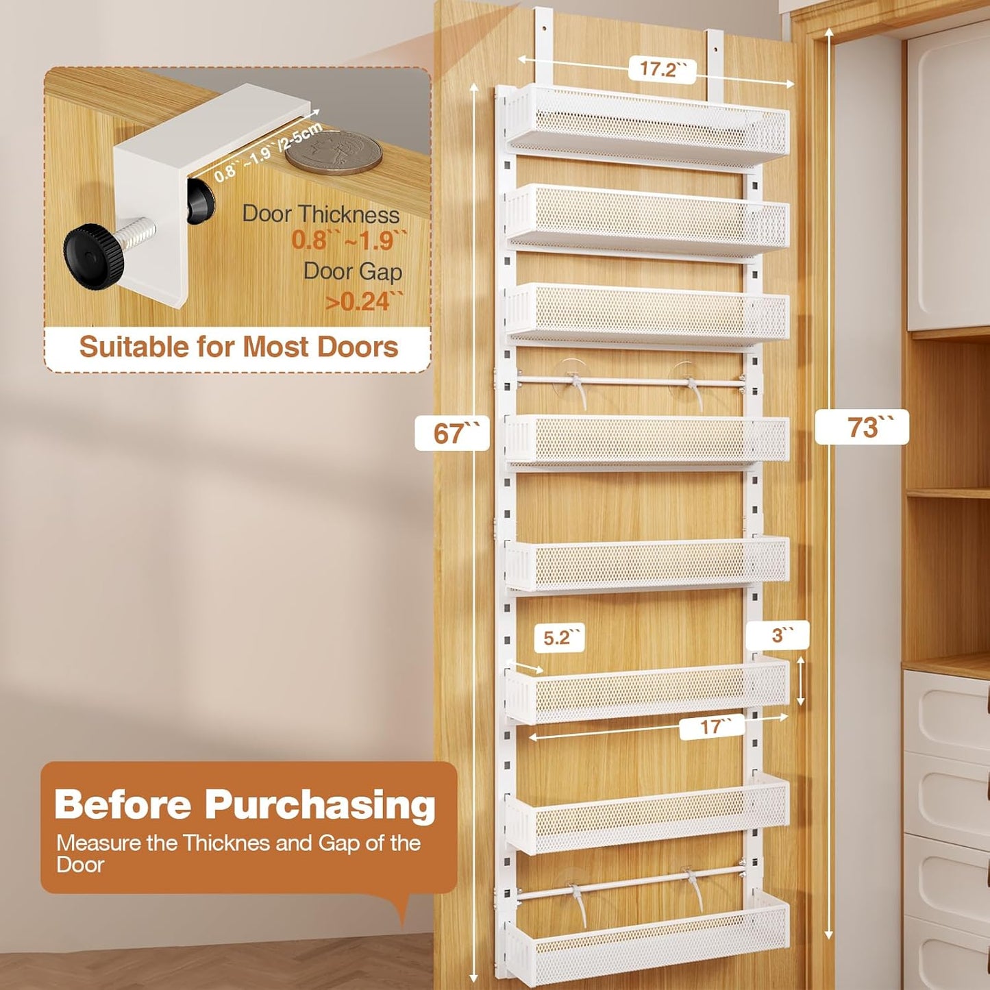 Pantry Door Organizers and Storage, 8-Tier Large Metal Heavy-Duty Frame Over the Door Spice Rack