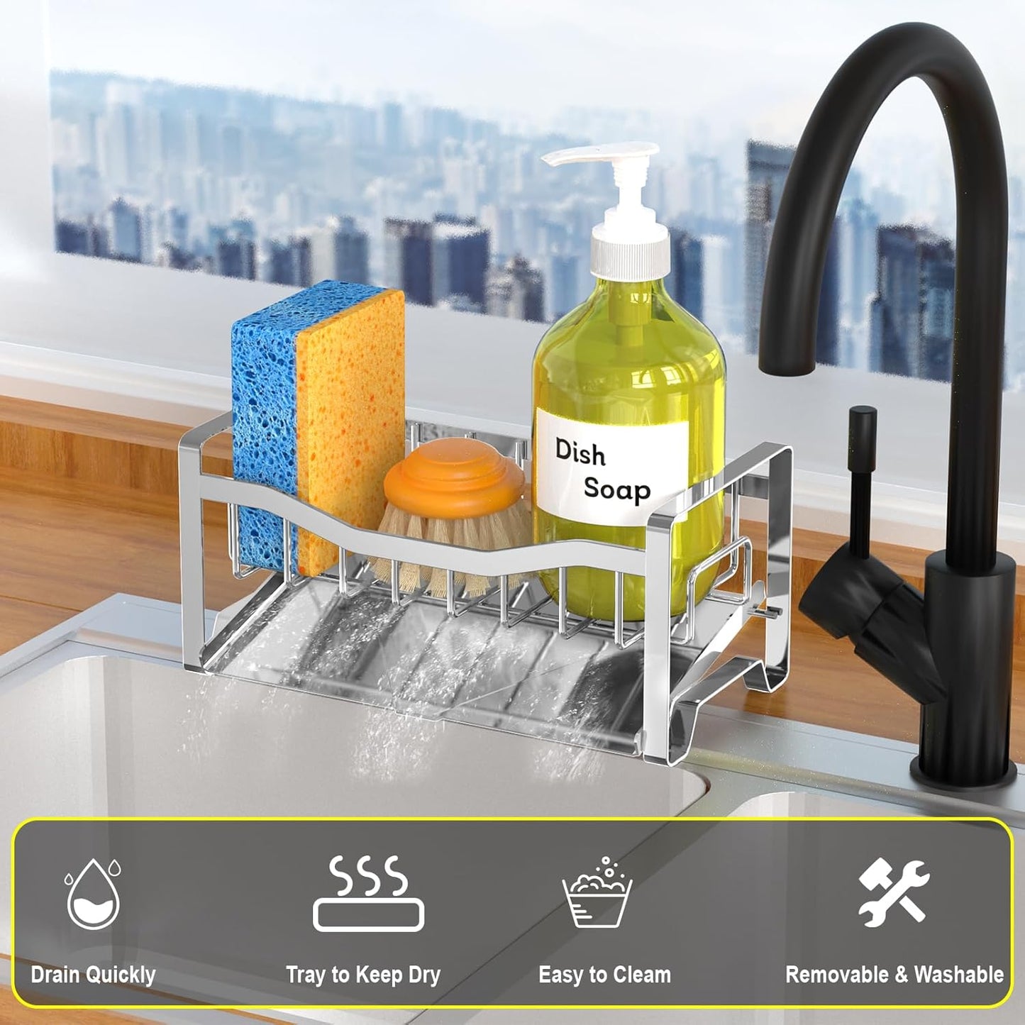 Stainless Steel Kitchen Sink Caddy Organizer with Auto Drain Tray