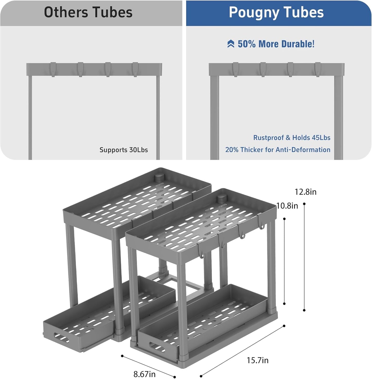 2PC Under Sink Organizer Rack 2 Tier Under Sliding Cabinet Basket Organizer Drawer with 4 Hooks