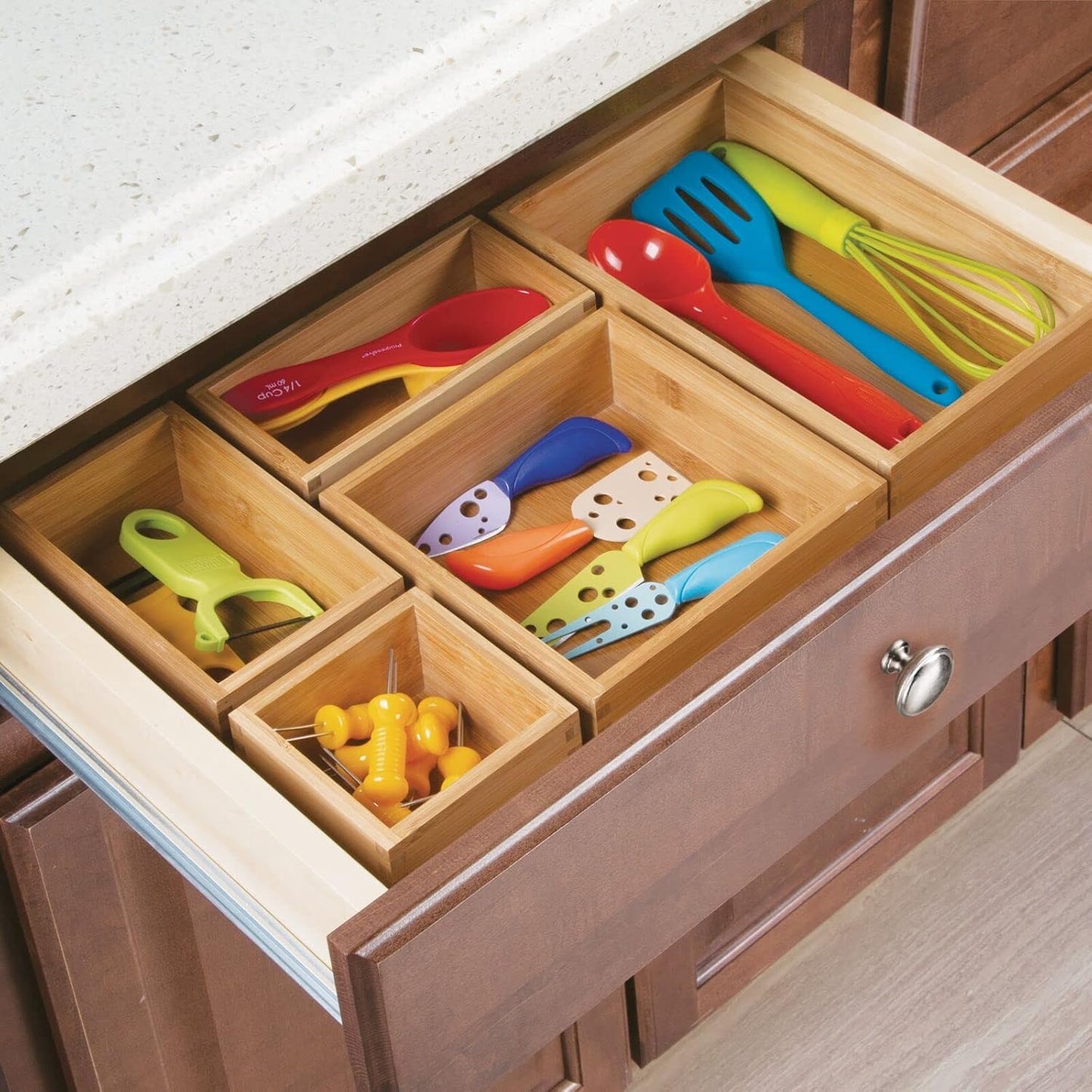 Bamboo Wood Kitchen Cabinet Drawer Organizer Tray Bins - Multipurpose - Use in Drawers