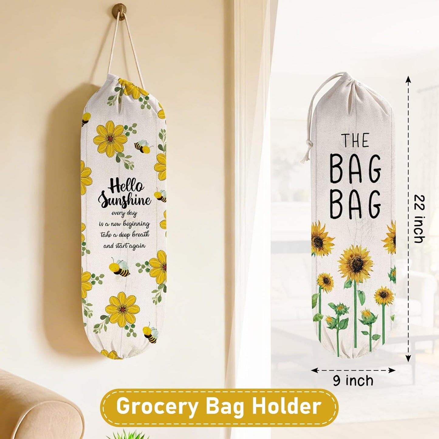 2Pcs Sunflower Plastic Bag Holder for Kitchen Essentials, Reusable Hanging Grocery Bag Organizer