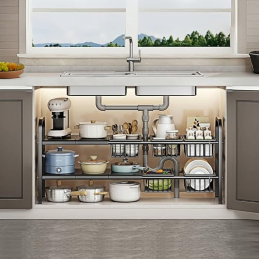 Under Sink Organizer，2 Tier Expandable Heavy Duty Metal Shel