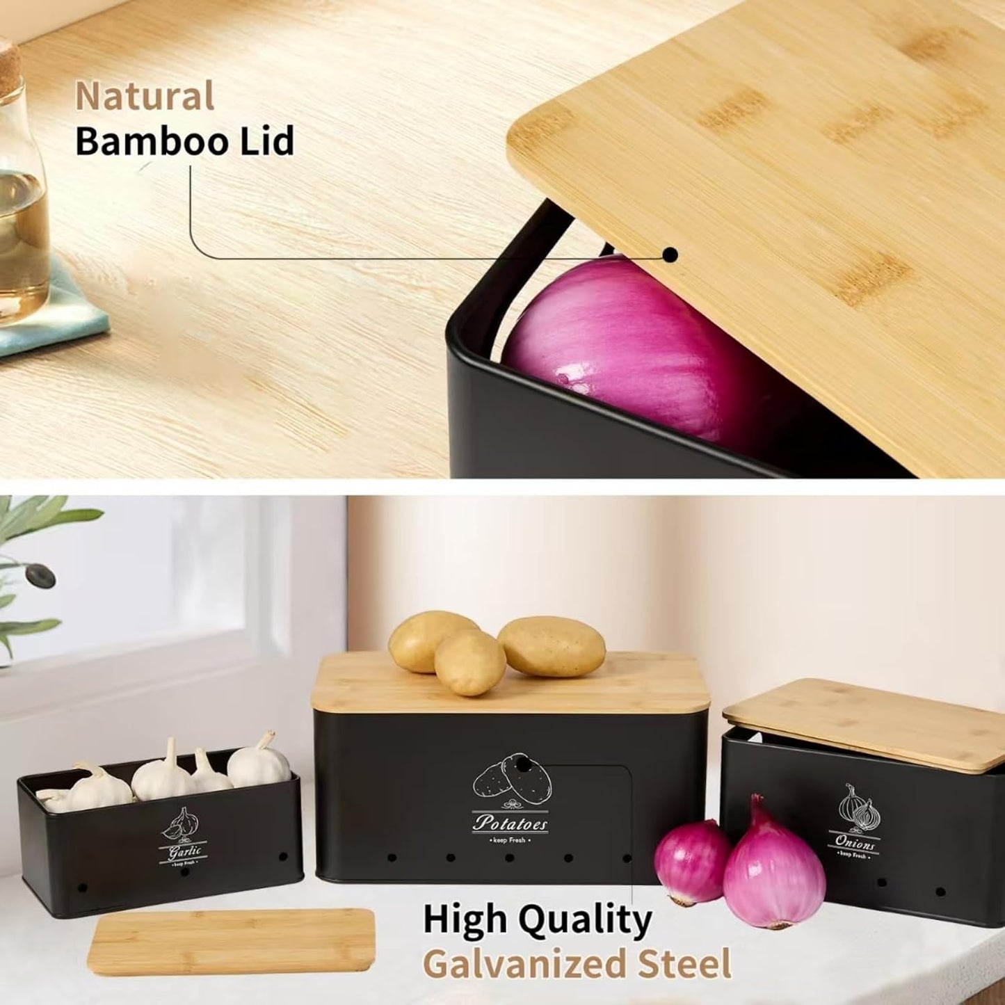 3 Pack Metal Vegetable Storage,Onion Storage,Potato Storage and Garlic Storage Set,Kitchen Vegetable Keeper,Stackable Pantry Organizers with Ventilation Holes and Bamboo Lids(BLACK)