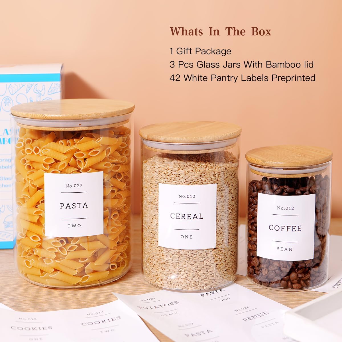 3 Pcs Glass Canisters with Airtight Bamboo Lids and 42 Kitchen Pantry Labels Preprinted