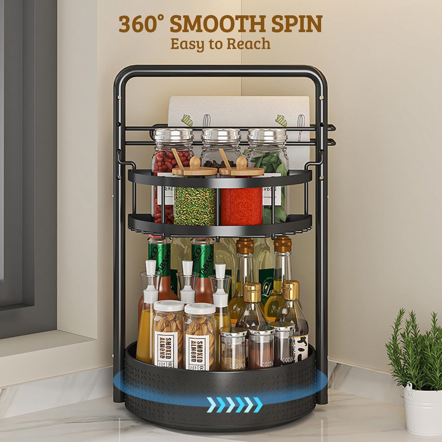 Rotating Spice Rack with Paper Towel Holder, 2 Tier Turntable Lazy Susan