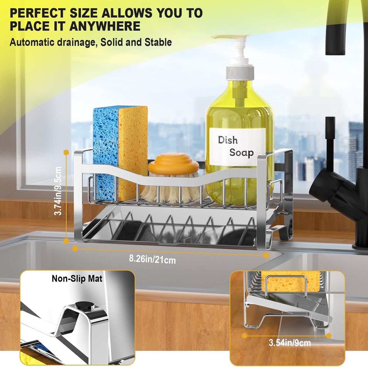 Stainless Steel Kitchen Sink Caddy Organizer with Auto Drain Tray