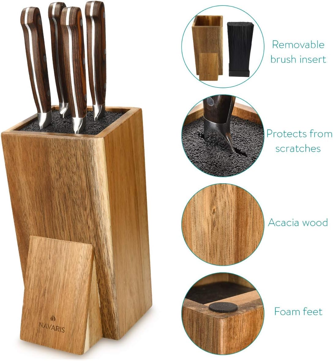 Universal Knife Block Holder - Acacia Wood Stand with Bristles to Fit Different Sizes of Knives