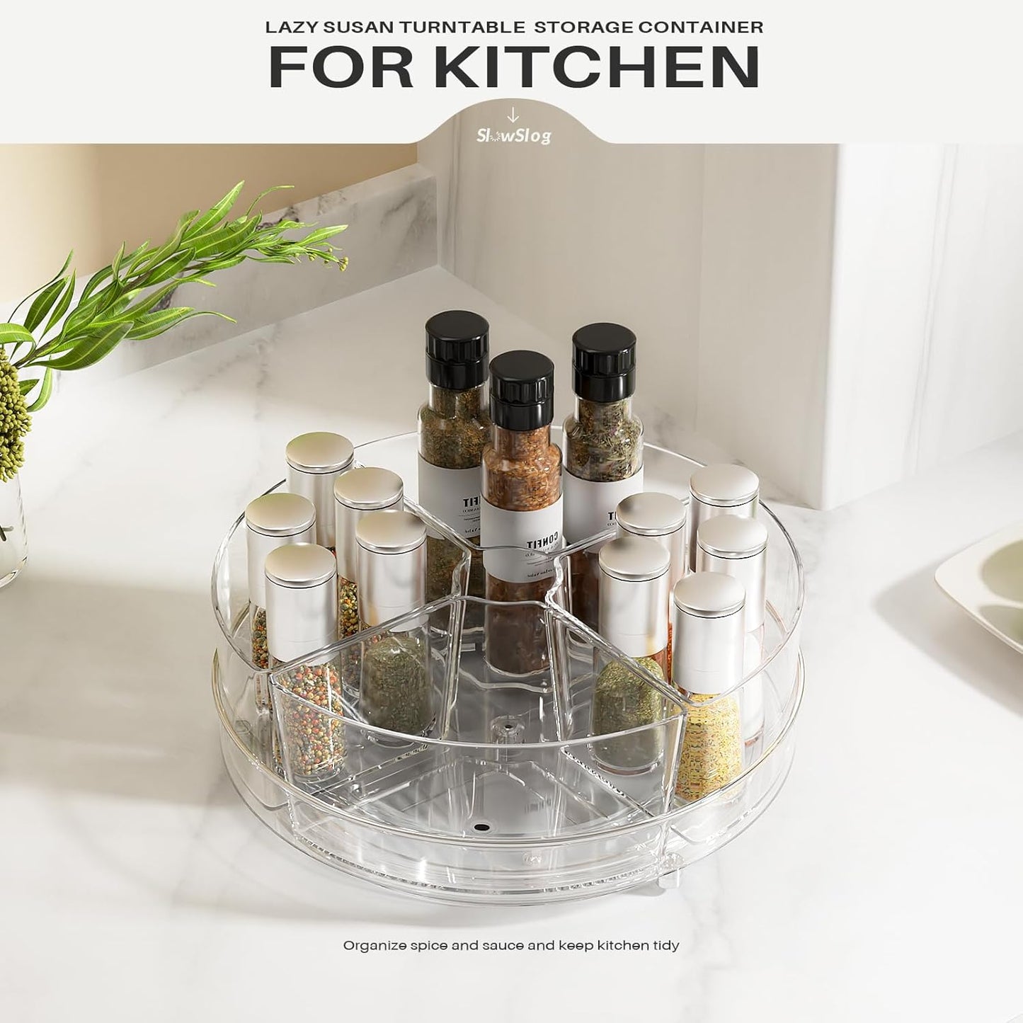 2 Pack Lazy Susan Organizer, 9 inch Rotating Storage Organizer with 4 Removable Bins