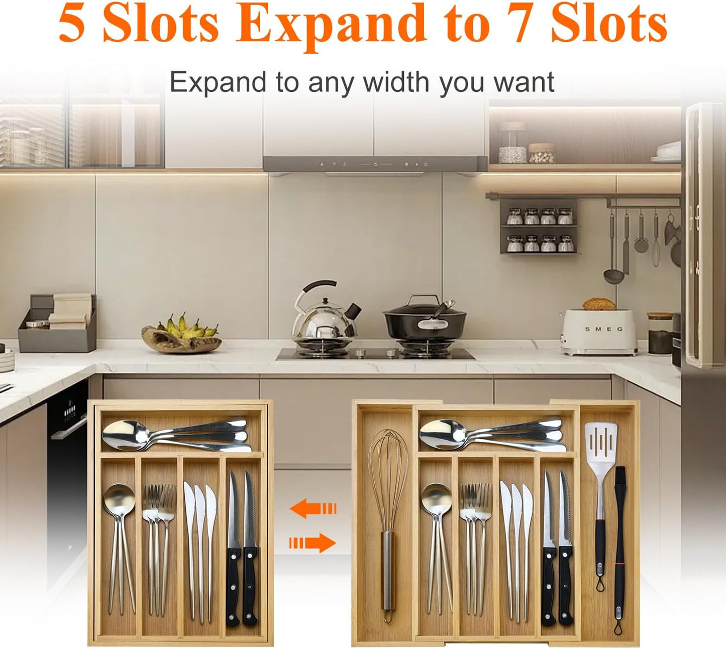 Expandable Large Utensil Drawer Organizer Cutlery Tray Bamboo Kitchen Silverware Organizer Cooking Utensil Tray Holder Adjustable Wooden Flatware Organizer for Drawer Spoon Fork Silverware Tray