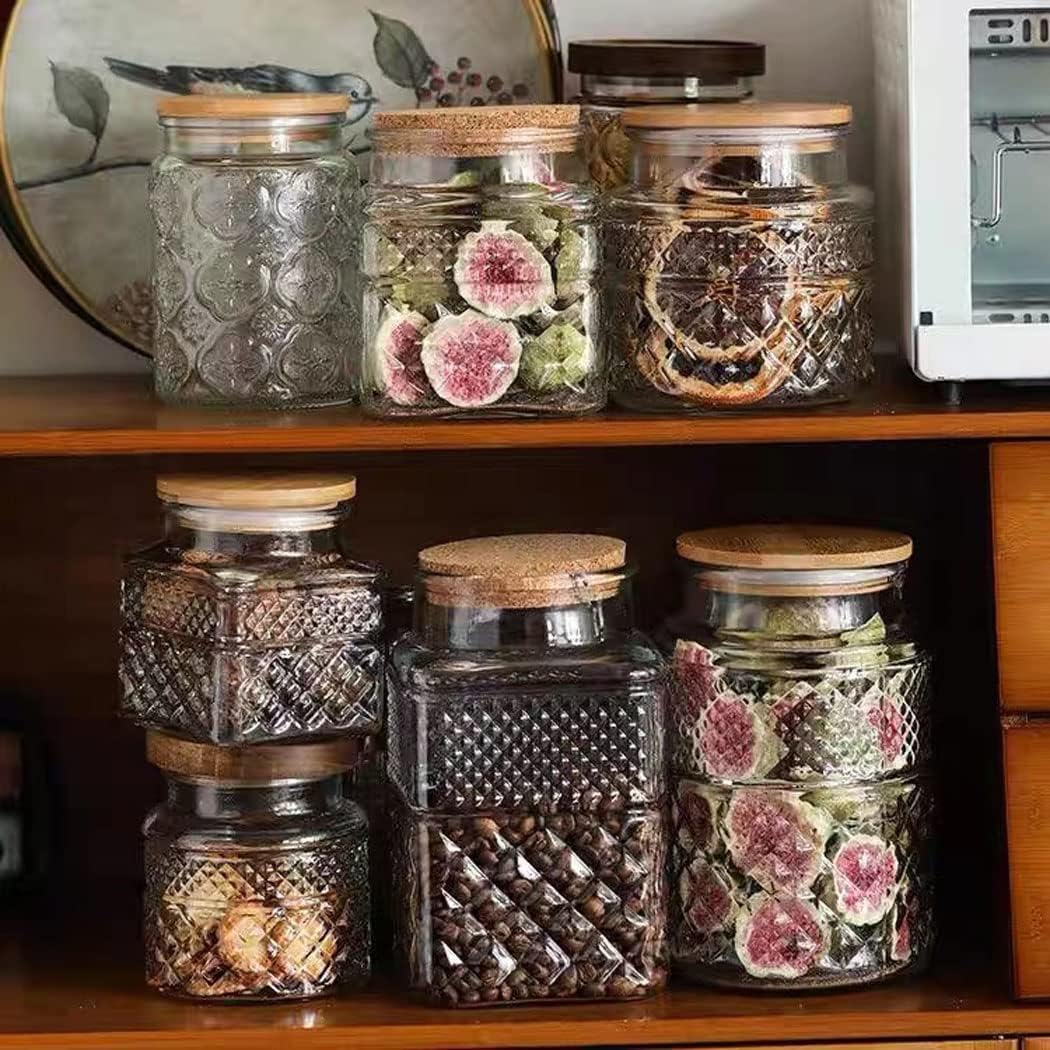 Glass Storage Jars Vintage Embossed Canisters Food Cereal Storage Containers with Bamboo Lid