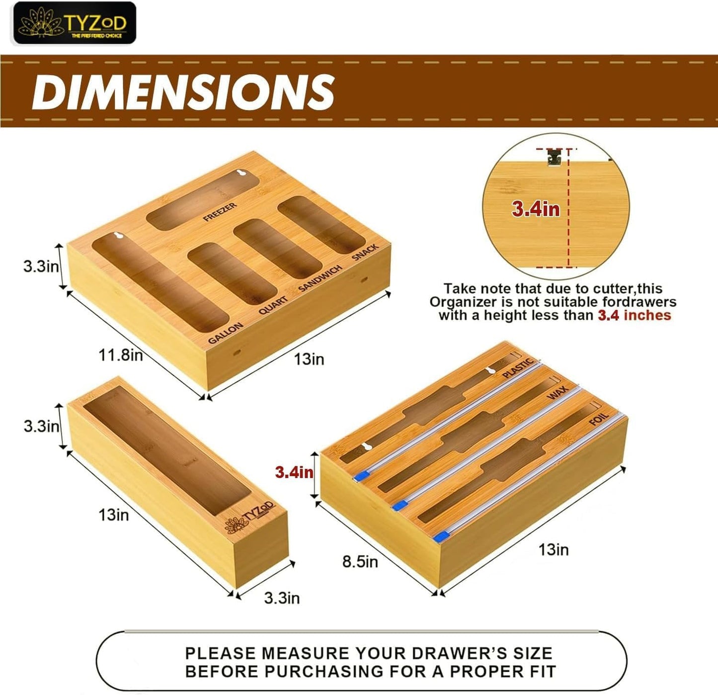 9-in-1 Bamboo Storage Bag Organizer with Cutter, Kitchen Drawer & Wall Mount Storage for Foil
