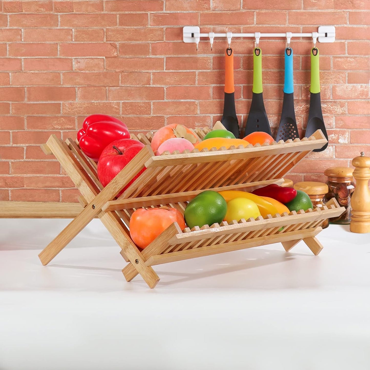 Collapsible Bamboo Dish Drying Rack - 2 Tier Space Saving Kitchen Counter Organizer