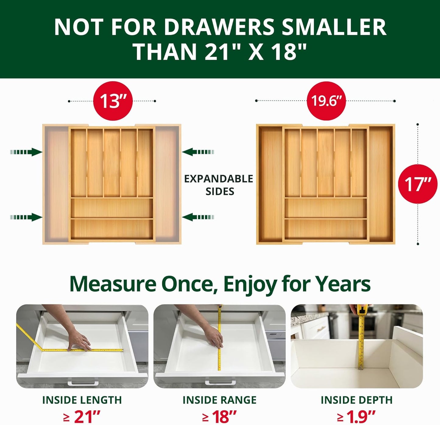 Luxury Bamboo Kitchen Drawer Organizer - Silverware Organizer
