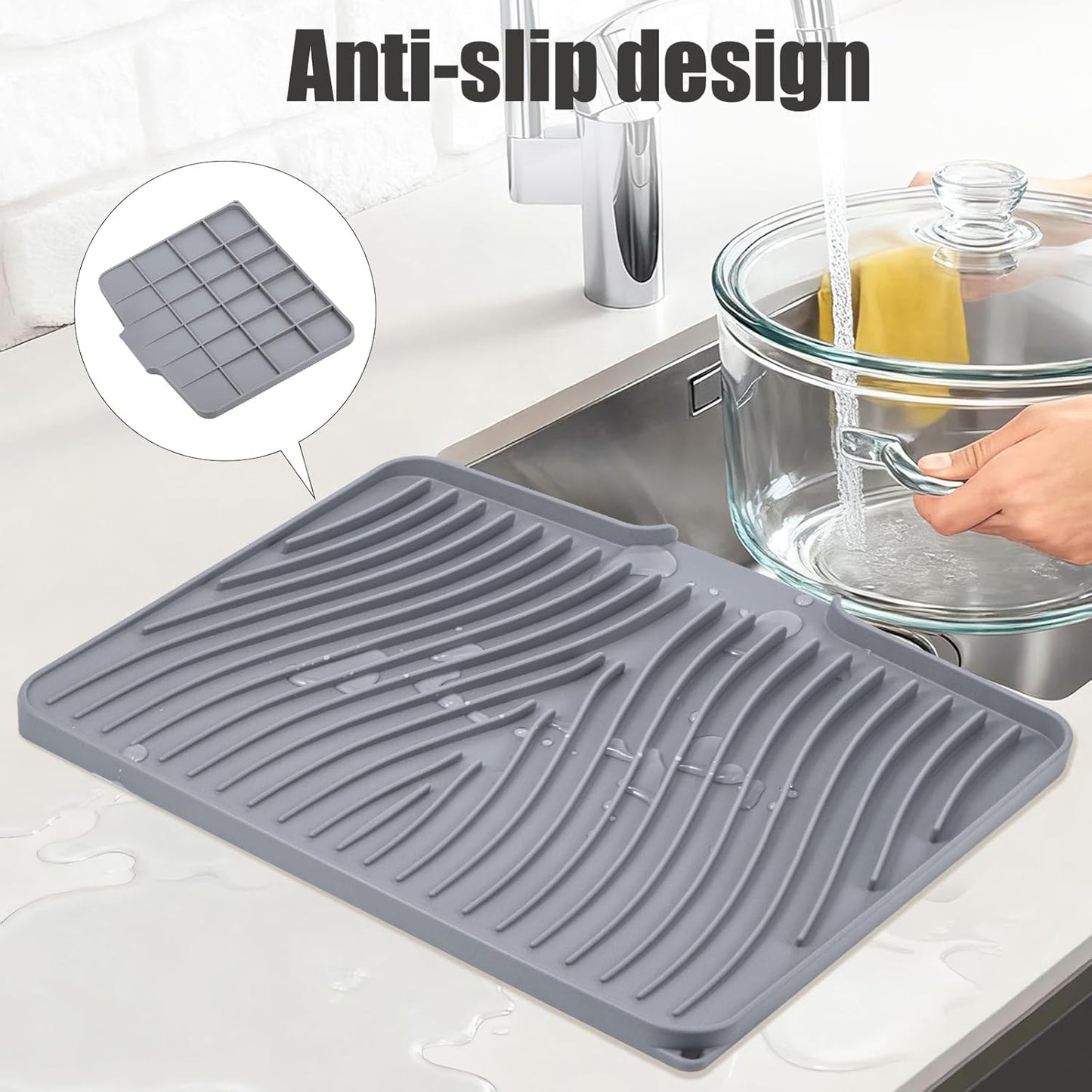 Silicone Dish Drying Mat, Stone Drying Mat for Kitchen Counter with Built-In Drain