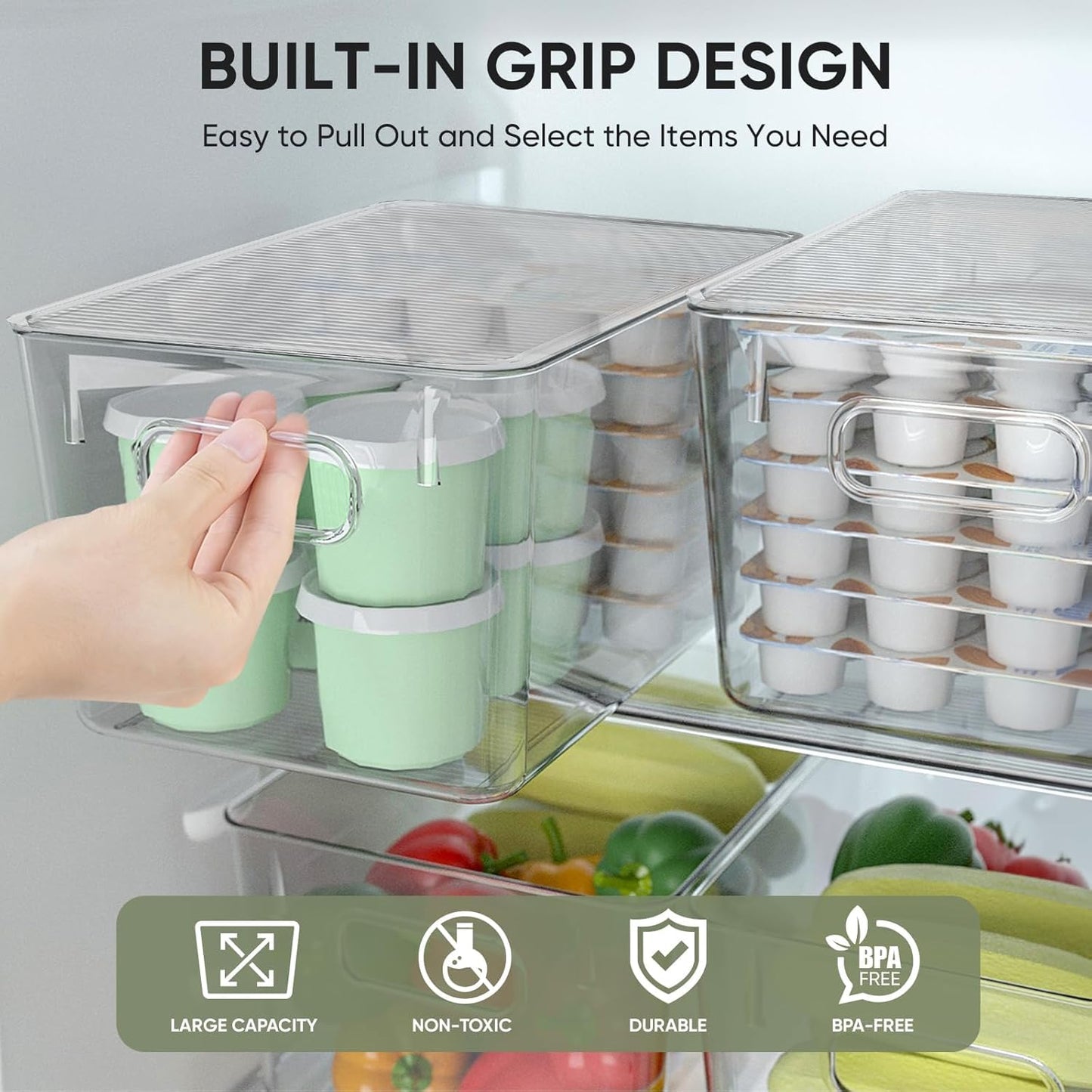 Clear Stackable Storage Bins with Lids, Plastic Containers with Handle for Pantry Organizers and Storage, Plastic Bins for Fridge, Kitchen, Bathroom, Cabinet (13x7.4x7, 6PK)