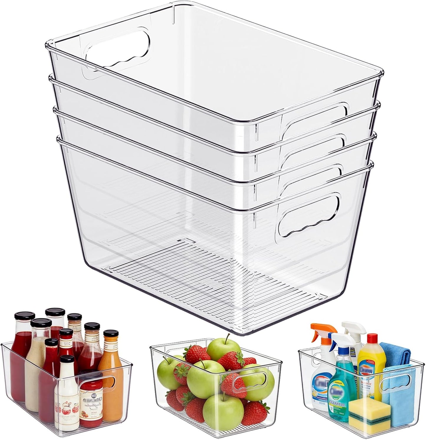 Clear Plastic Storage Bins, 4-Pack Stackable Pantry Organizers and Storage Containers for Kitchen