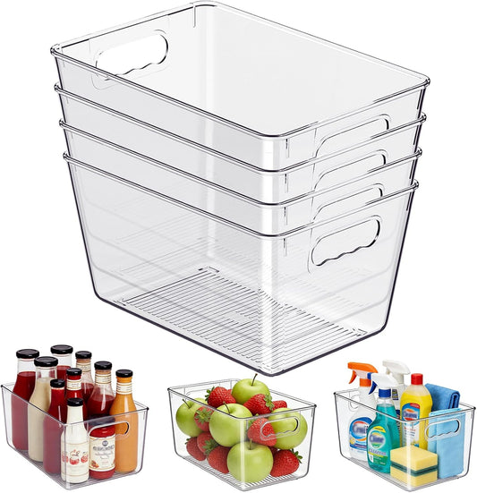 Clear Plastic Storage Bins, 4-Pack Stackable Pantry Organizers and Storage Containers for Kitchen