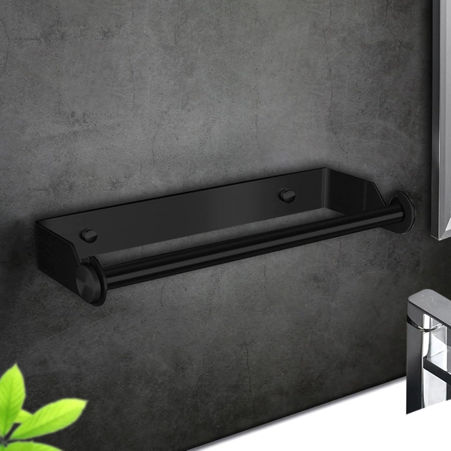Stainless Steel Black Paper Towel Rack Wall Mount Self Adhesive or Screw Mounting Under Cabinet Toilet Paper Roll Holder for Home Kitchen Bathroom Camper Wall