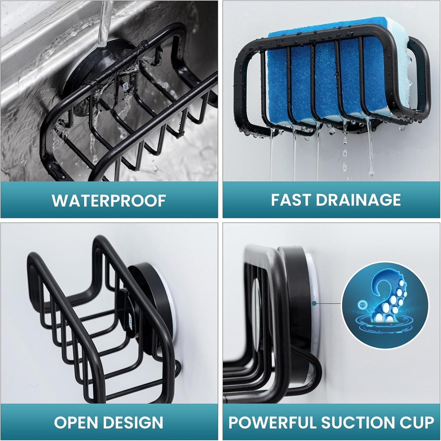 Sponge Holder for Kitchen Sink with Strong Suction Cup, Rustproof Aluminum Sink Caddy