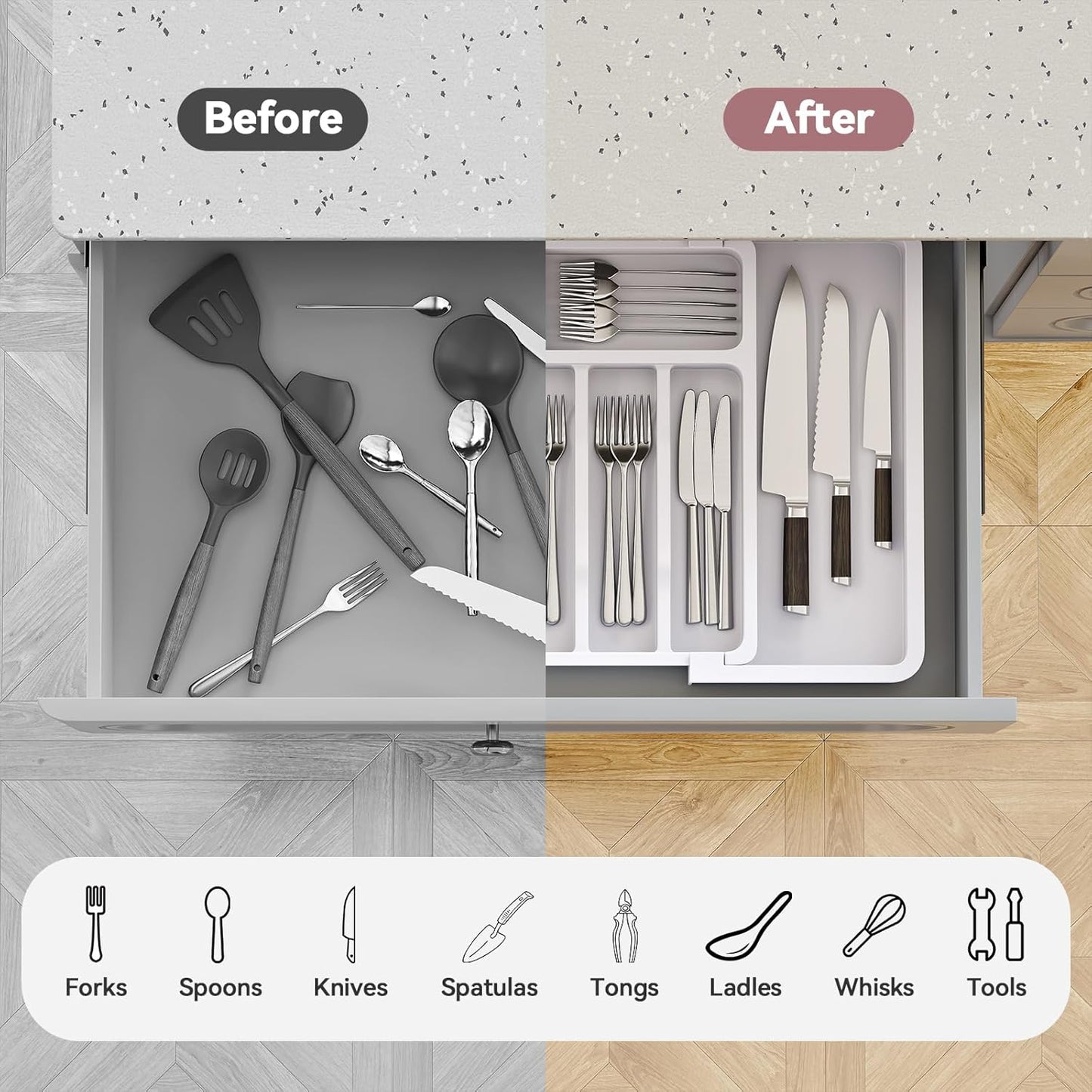 2 Pack Silverware Organizer, Expandable and Adjustable Kitchen Utensil Drawer Organizer