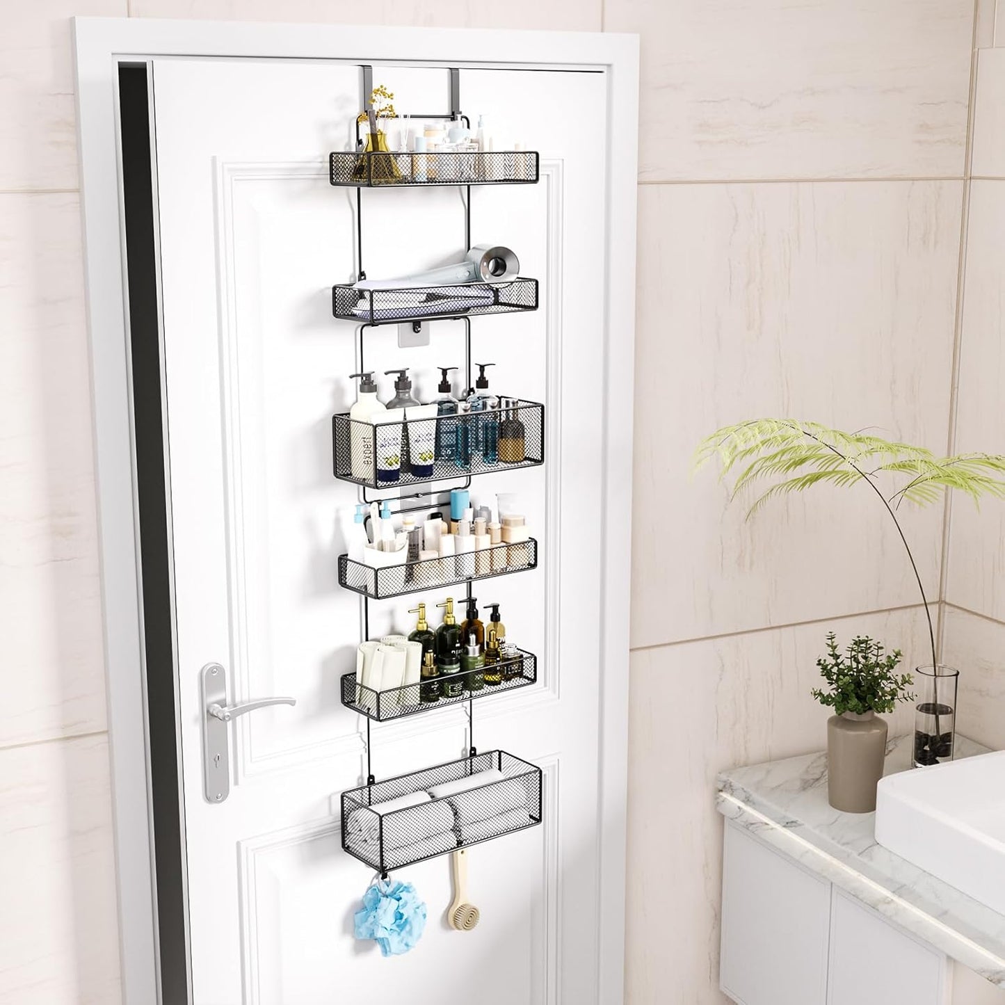 Over Door Organizer Storage - Separable Door Organizer Hanging with 6 Metal Large Capacity Baskets for Bathroom Bedroom Kitchen Pantry Closet (Black)