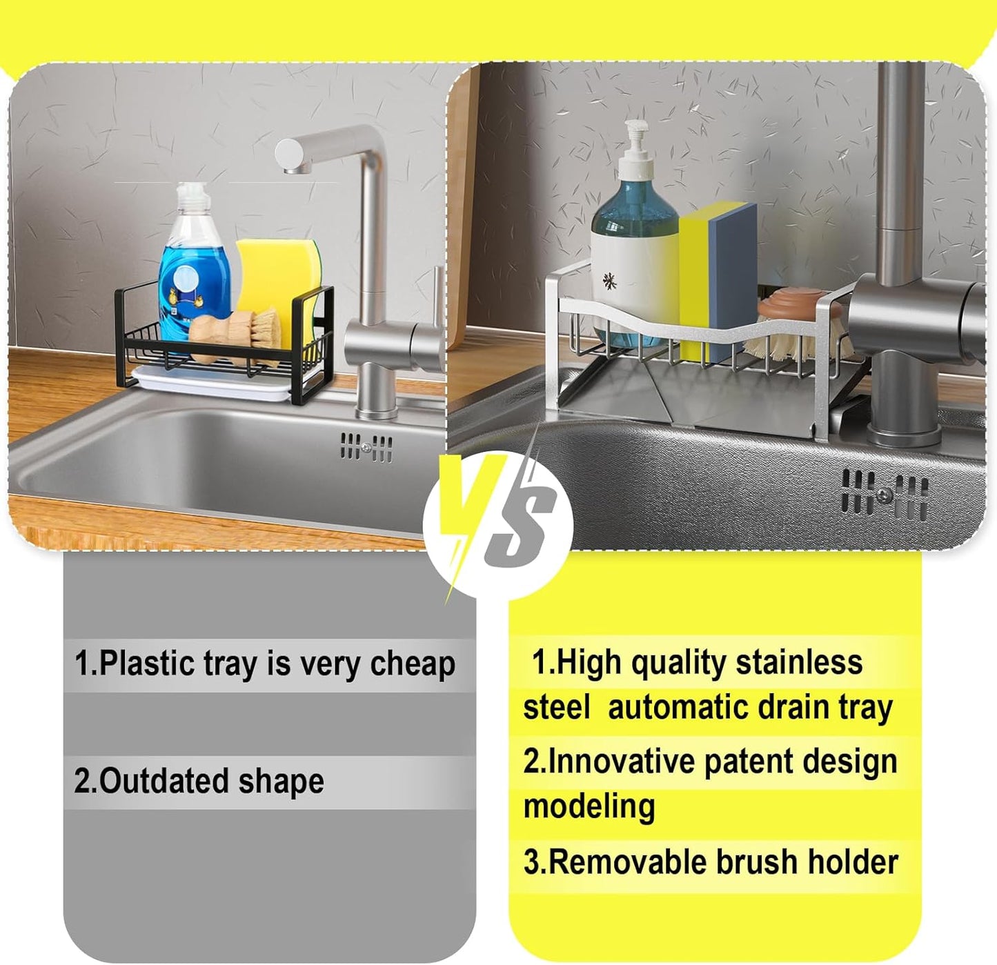 Kitchen Sink Caddy Organizer Sponge Holder for Kitchen Sink with Stainless Steel Auto Drain Tray