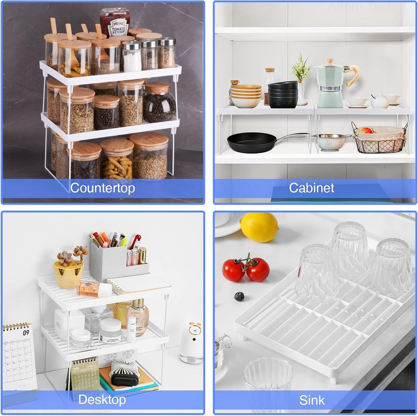 4-Pack Stackable Plastic Kitchen Storage Shelf Foldable Rack