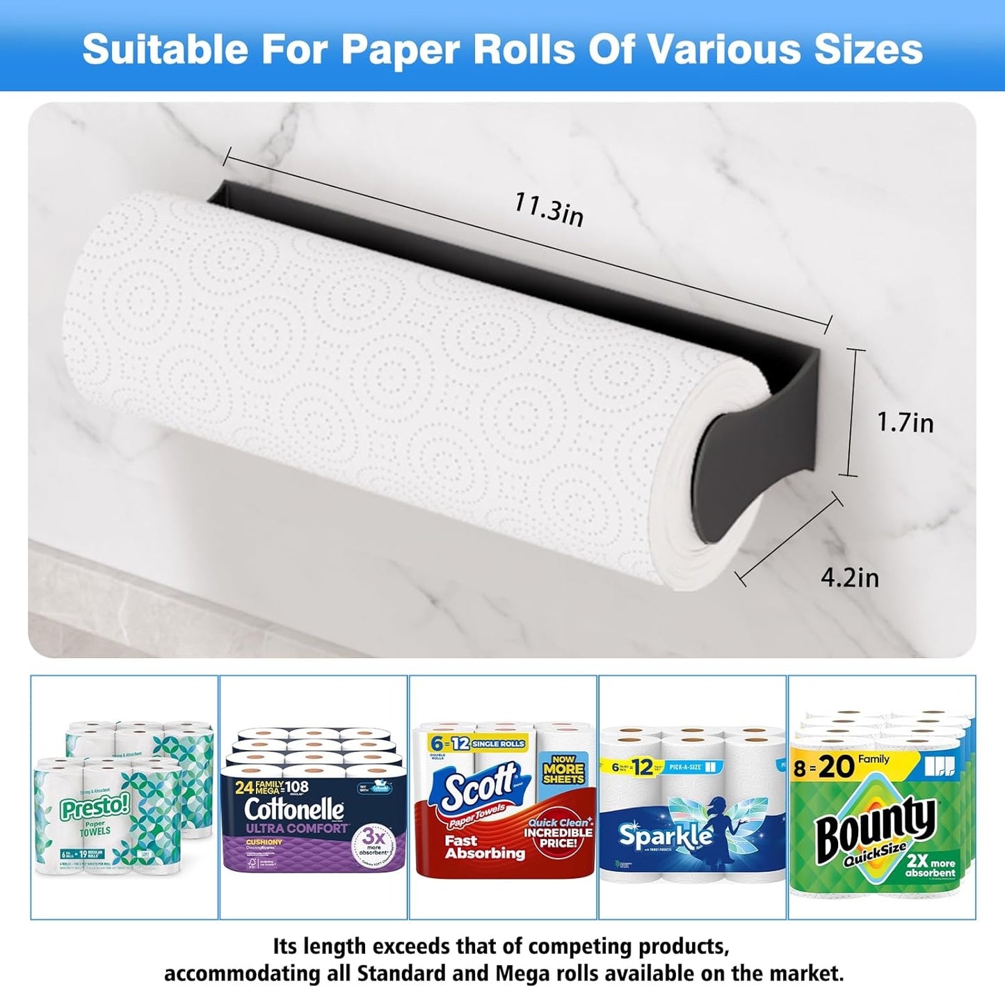 Paper Towel Holder Under Cabinet, Black, Adhesive & Wall Mount