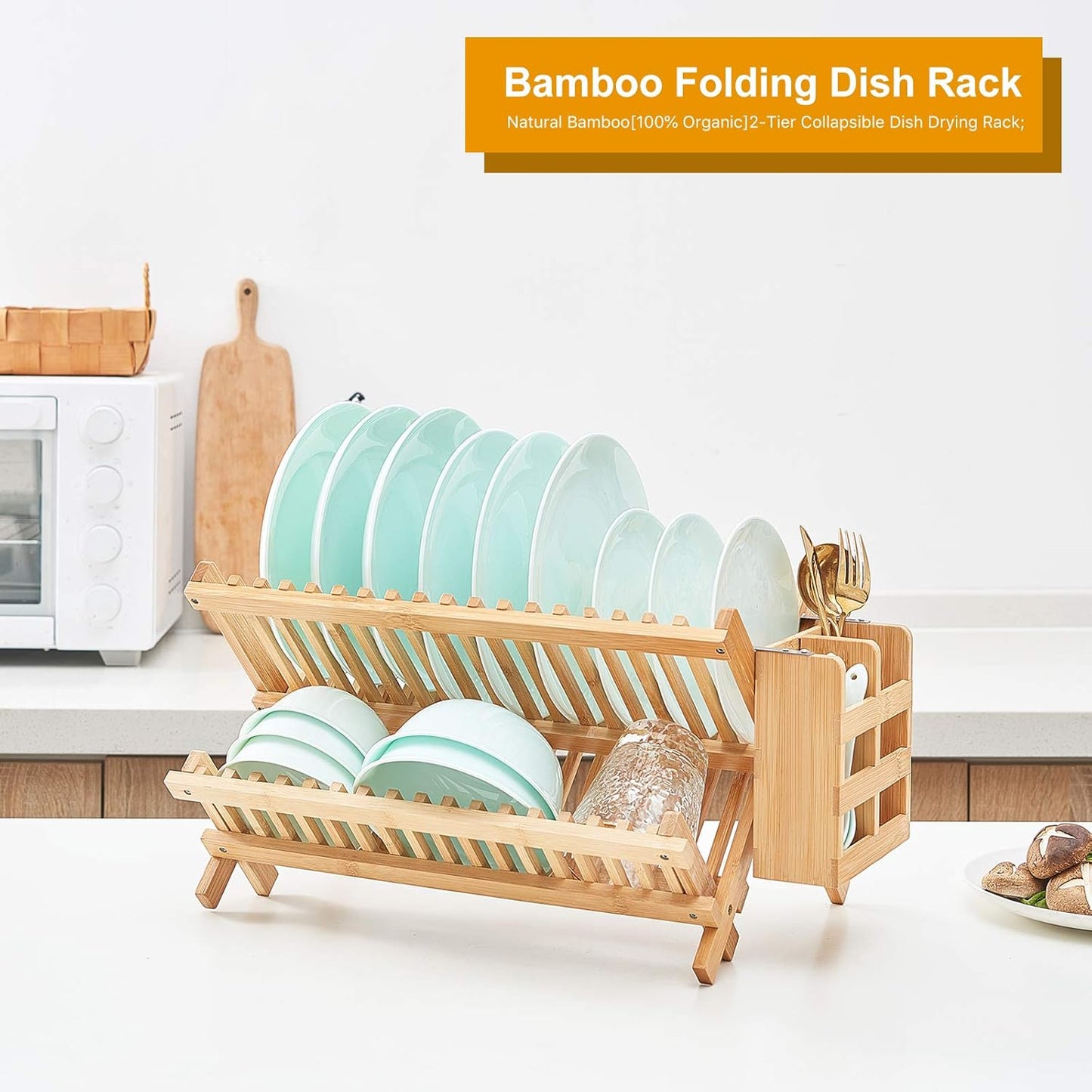 Bamboo Dish Drying Rack, 2 Tier Collapsible Dish Rack with Utensil Holder