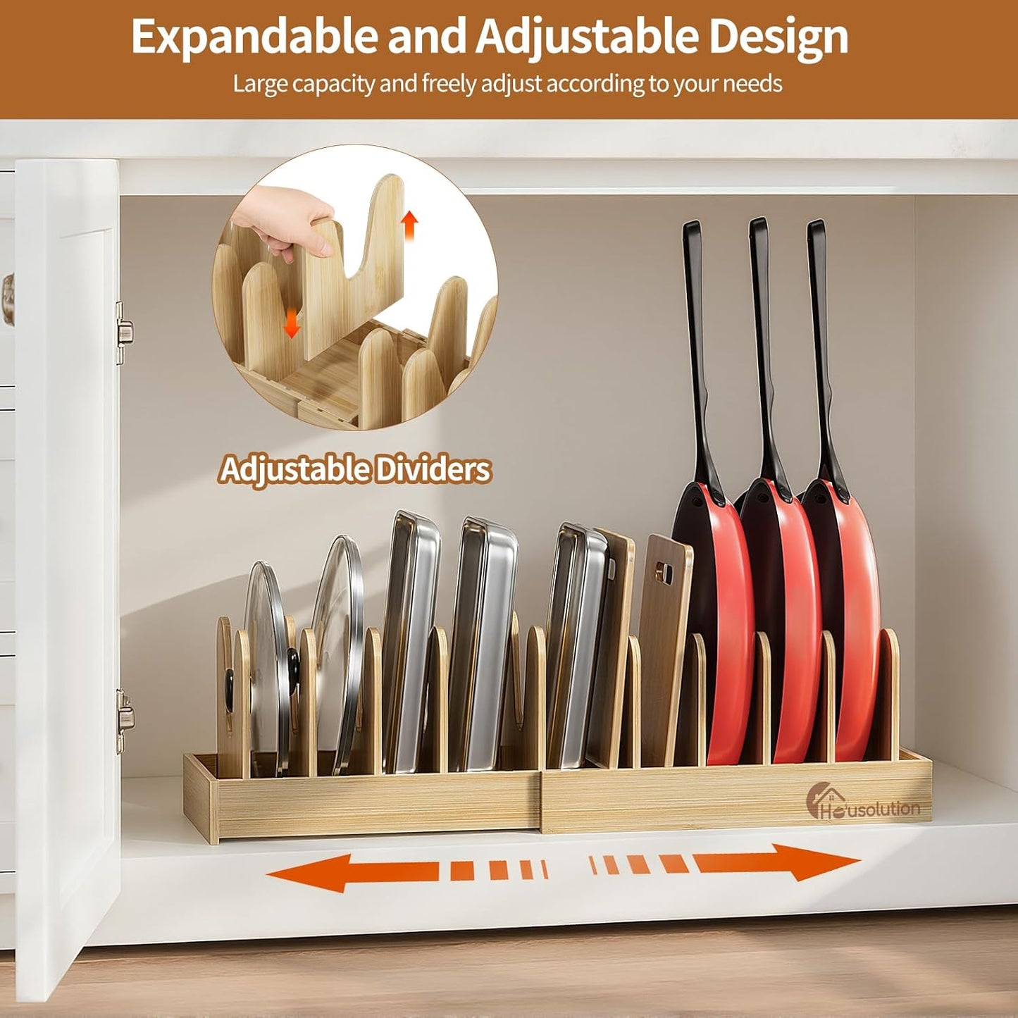Bamboo Pot and Pan Organizer for Cabinet, 15"-29" Expandable Pot Lid Organizer with 10 Adjustable Dividers, Pan Holder Storage Rack with Solid Bamboo Wooden Base