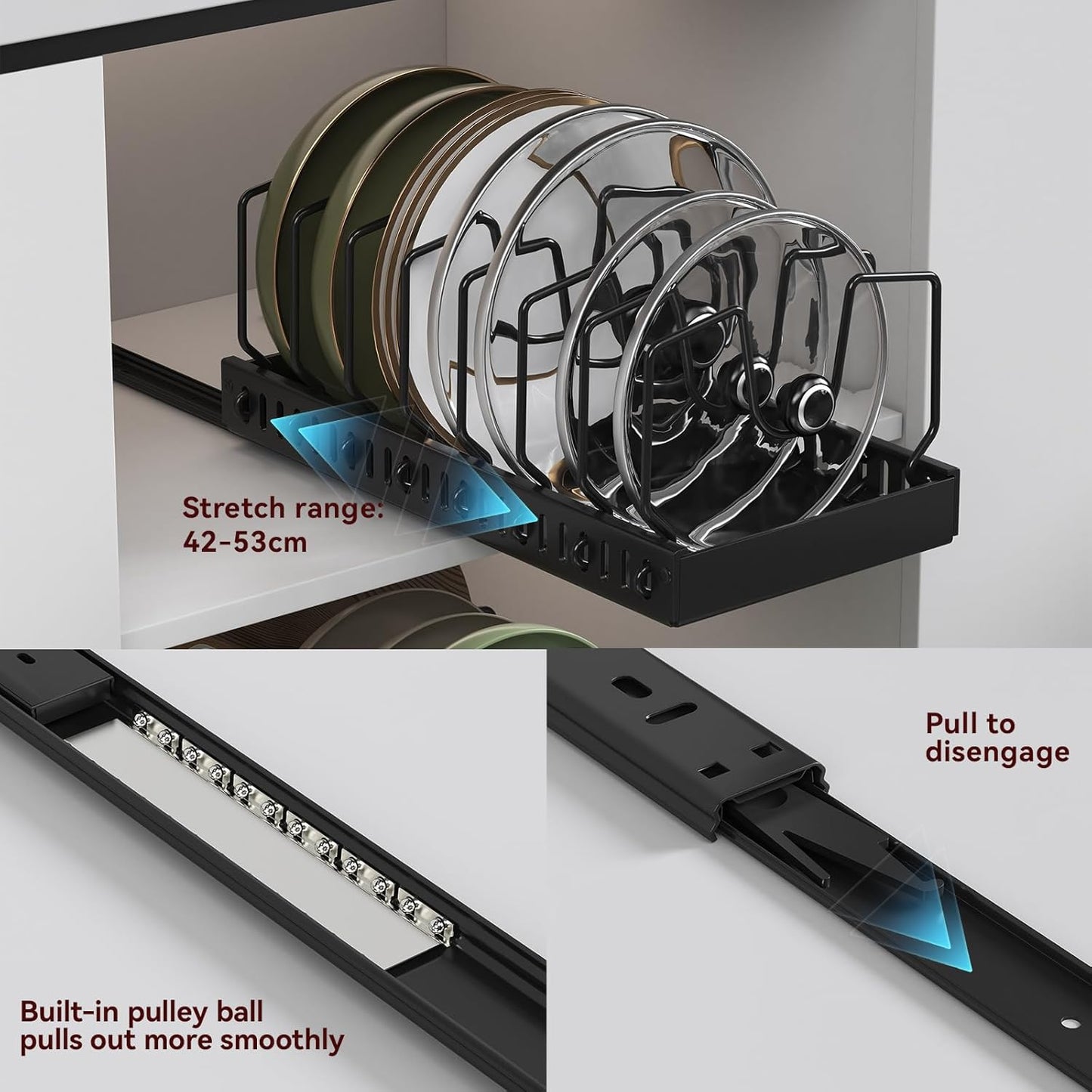 2PCS Black Pot Lid Organizer, Pull-out Pots and Pans Organizer