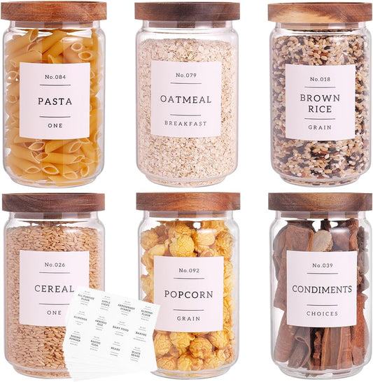 6 Set Glass Pantry Storage Jars with Acacia Airtight Lid